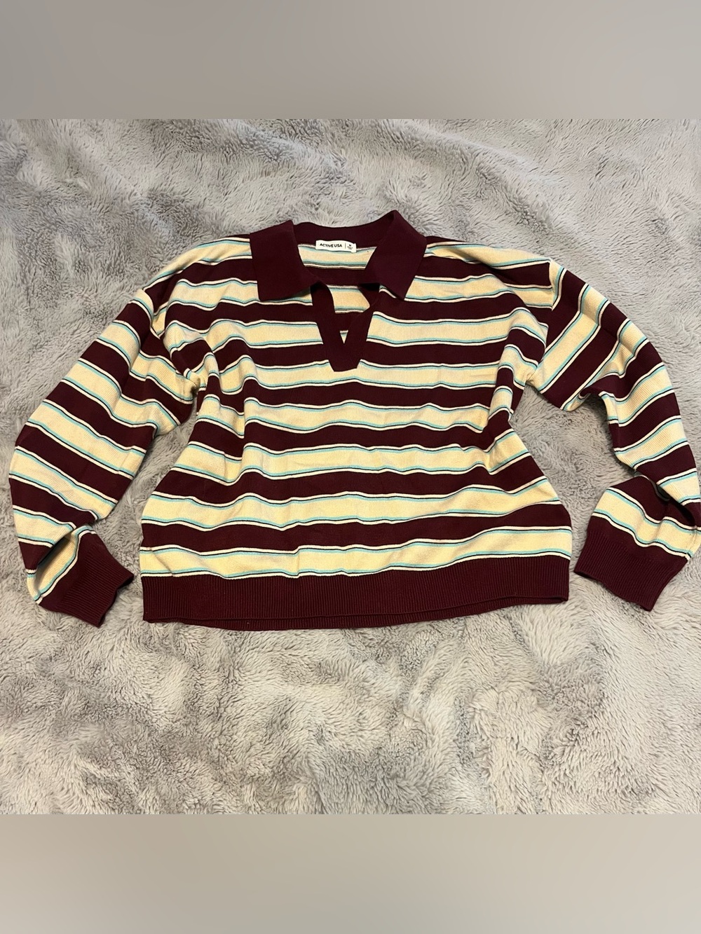 Active USA Burgundy and Cream Striped V‑Neck Polo Sweater